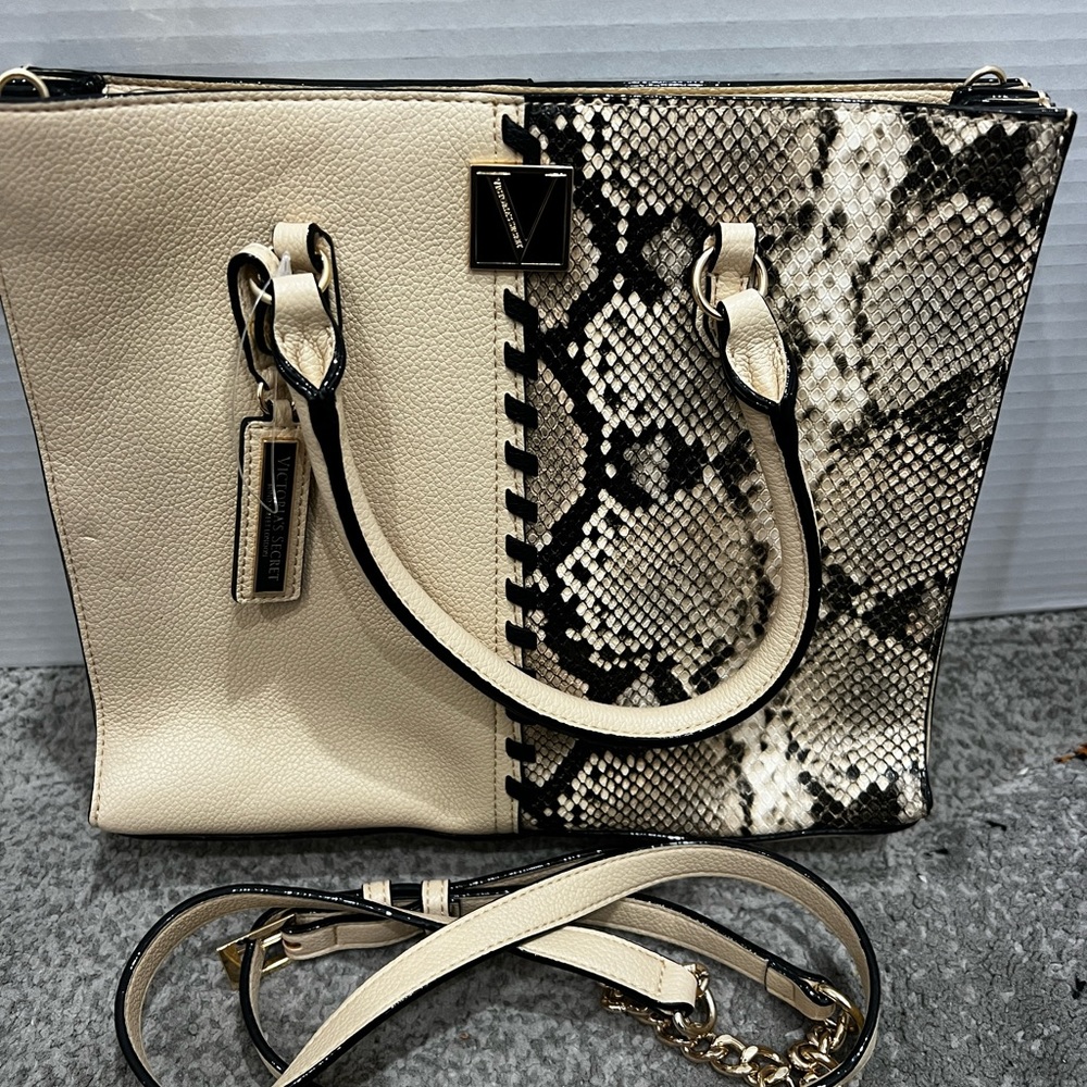 Dual beige snakeskin structured satchel bag